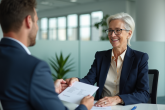 Femme d'affaires souriante remettant une enveloppe à son manager
