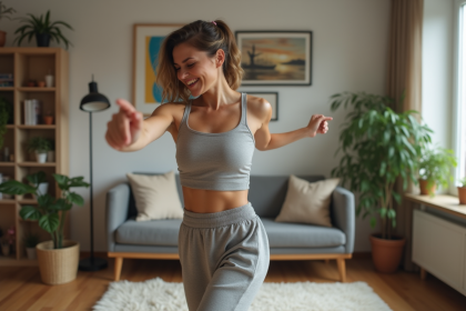 Femme souriante en train de danser dans un salon chaleureux