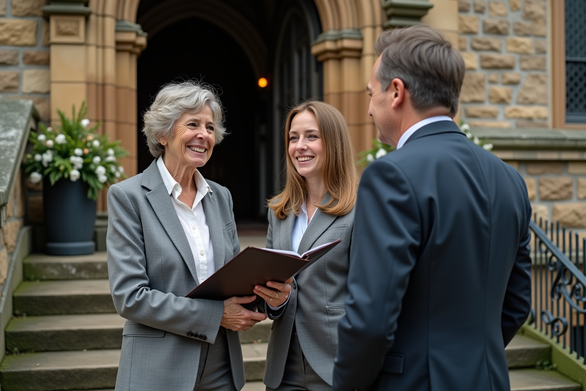 Femme parlant avec une famille devant l’église