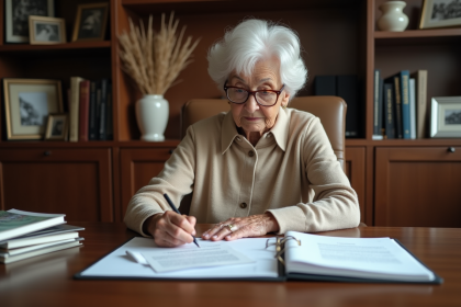 Femme âgée signant des documents dans un bureau chaleureux