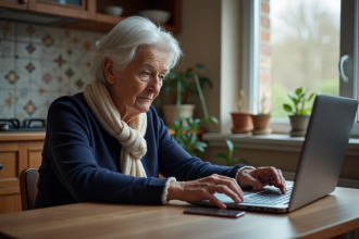 Femme belge âgée calcule les coûts de funérailles en ligne