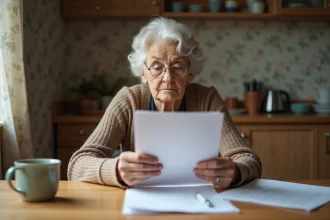 Femme âgée examine des papiers dans la cuisine lumineuse