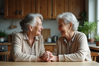 Femme âgée tenant la main de sa fille dans la cuisine