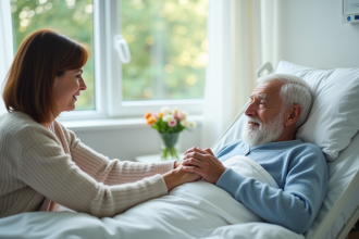 Femme en cardigan tenant la main d'un homme âgé à l'hôpital