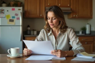 Femme d'âge moyen en tenue professionnelle examine documents financiers dans une cuisine chaleureuse