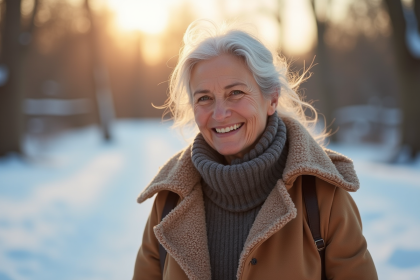 Femme d'âge moyen en hiver portant un haut thermique Damart