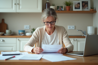 Femme d'âge moyen lisant des documents fiscaux à la maison