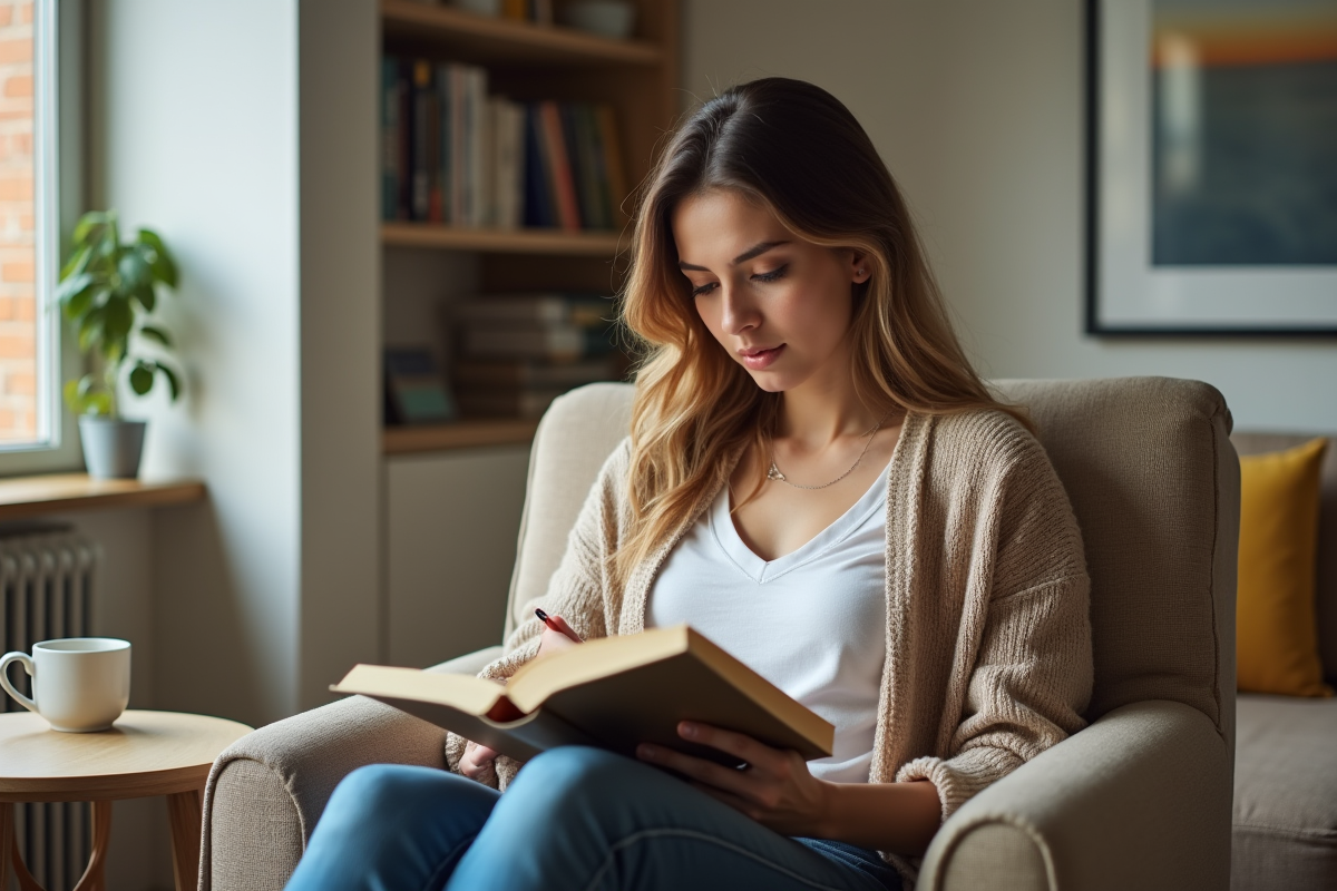 Jeune femme lisant et annotant un livre dans un salon lumineux