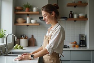 Femme en vêtements décontractés nettoyant la cuisine