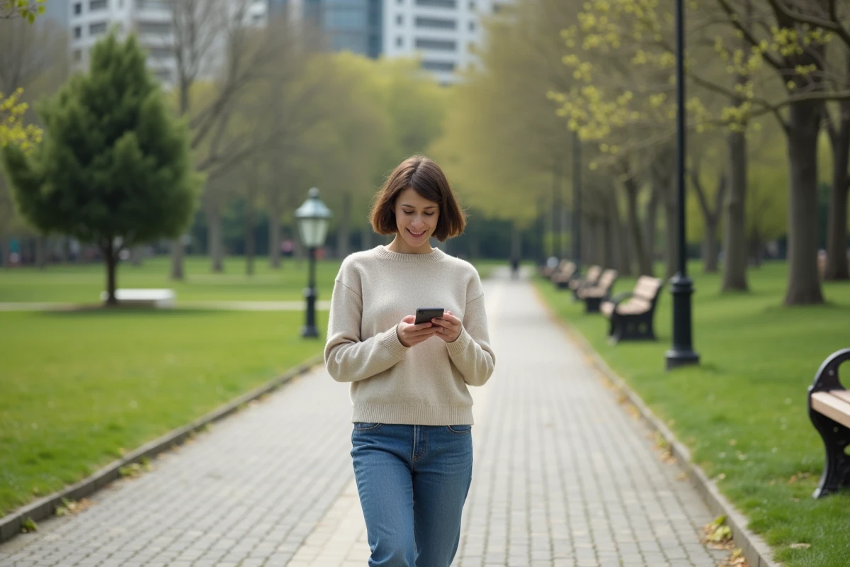 Femme détendue marchant dans un parc urbain
