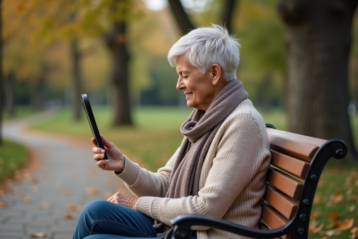 Femme de 60 ans vérifiant sa coiffure dans un parc