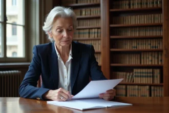 Femme politique française mature en blazer marine examinant des documents officiels dans un bureau institutionnel parisien, illustration du régime de retraite des élus
