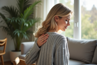 Femme en réflexion dans un salon lumineux et cosy