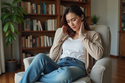 Femme assise dans un fauteuil relaxant à la maison