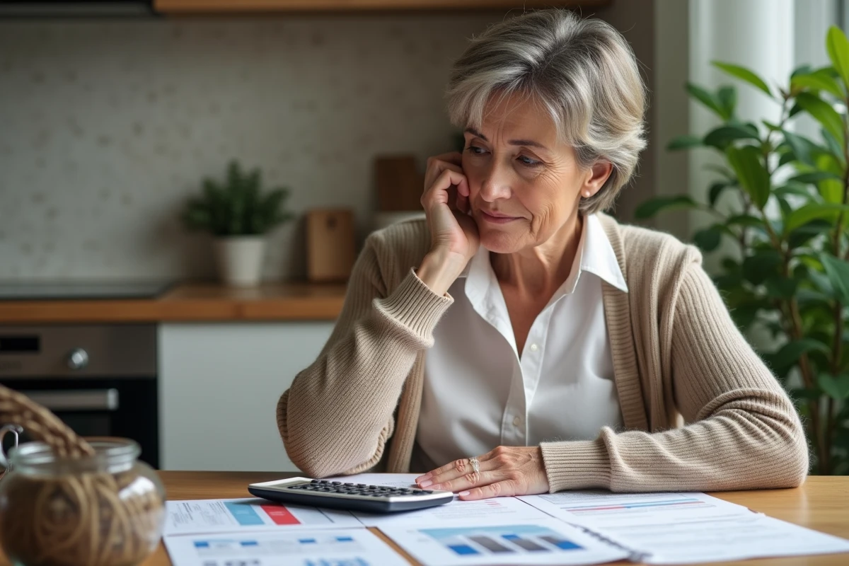 Femme d'âge moyen réfléchissant à la retraite dans la cuisine