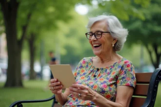 Femme retraitée souriante dans un parc lisant une carte