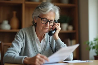 Femme retraitée téléphonant à la CNAV depuis son domicile pour renseigner sa situation de retraite