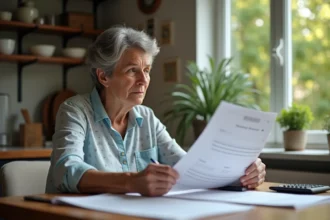 Femme retraitée examinant des papiers à la maison