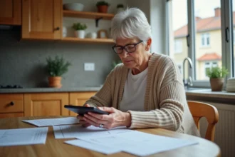 Femme de 60 ans examine ses papiers de pension à la maison
