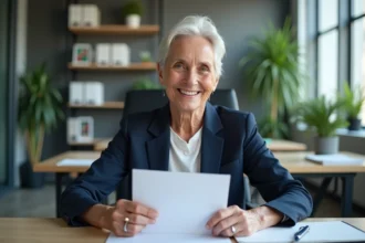 Femme souriante en bureau avec lettre signée