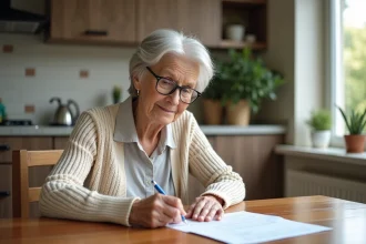 Femme senior remplissant une checklist IADL chez elle