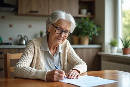 Femme senior remplissant une checklist IADL chez elle