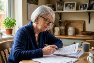 Femme âgée de 72 ans consultant des documents d'assurance obsèques à sa table de cuisine