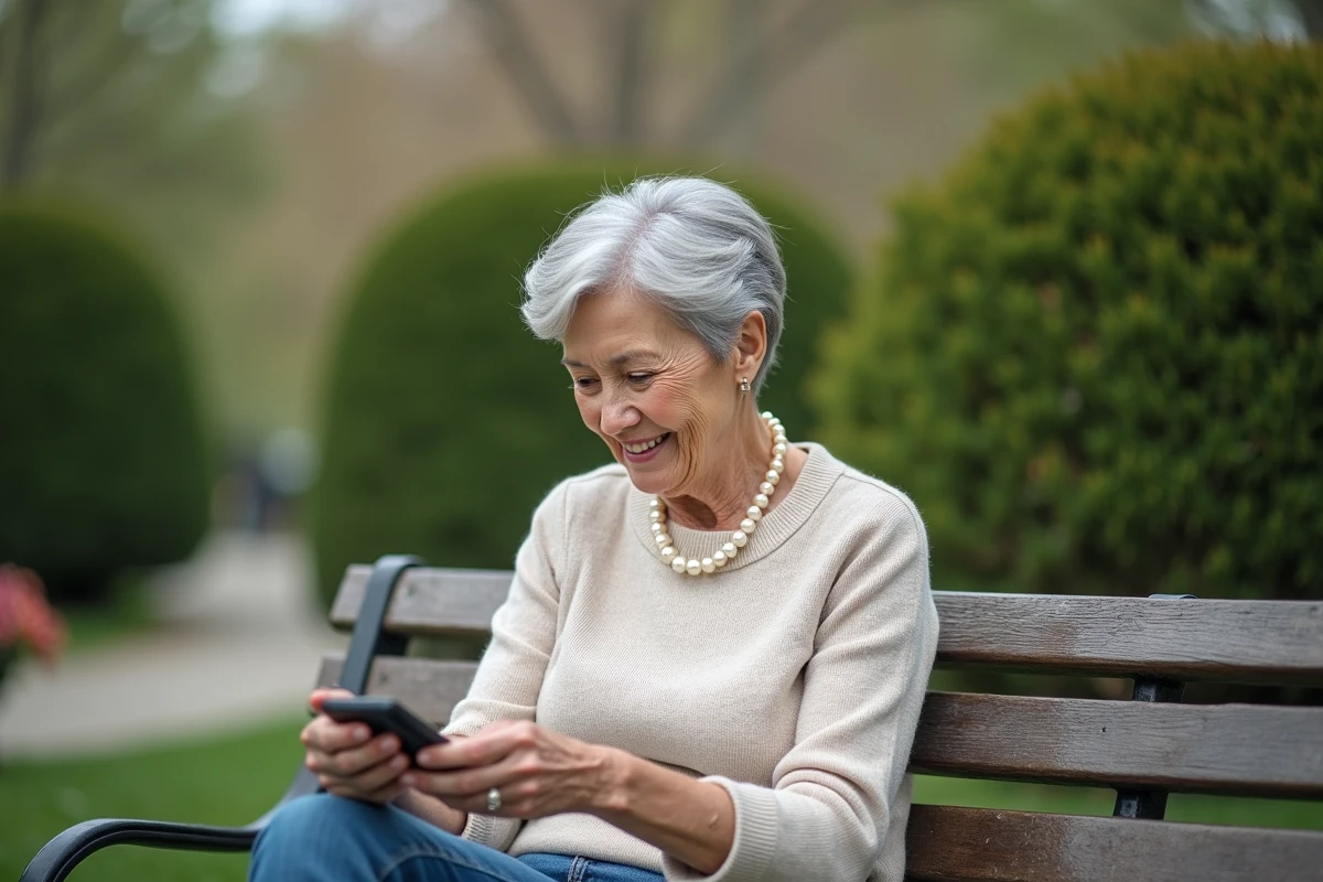 Femme senior contemplant son smartphone sur un banc de parc