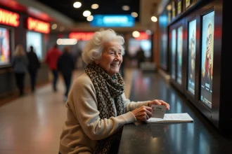 Femme senior souriante tenant un ticket de cinéma dans un lobby moderne