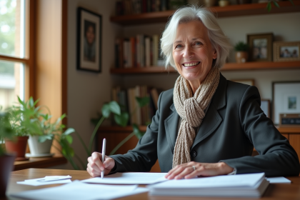 Femme senior souriante dans son bureau à la maison