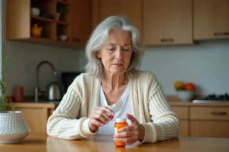 Femme senior lisant l'étiquette d'un complément alimentaire Azinc à la table de sa cuisine