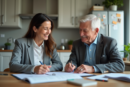 Femme senior souriante lors d'une consultation à la cuisine