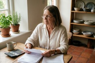 Femme senior consultant des documents de viager à sa table de cuisine, illustrant la réflexion sur l'âge idéal pour vendre en viager