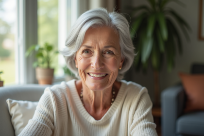 Femme senior élégante aux cheveux argentés dans un salon lumineux