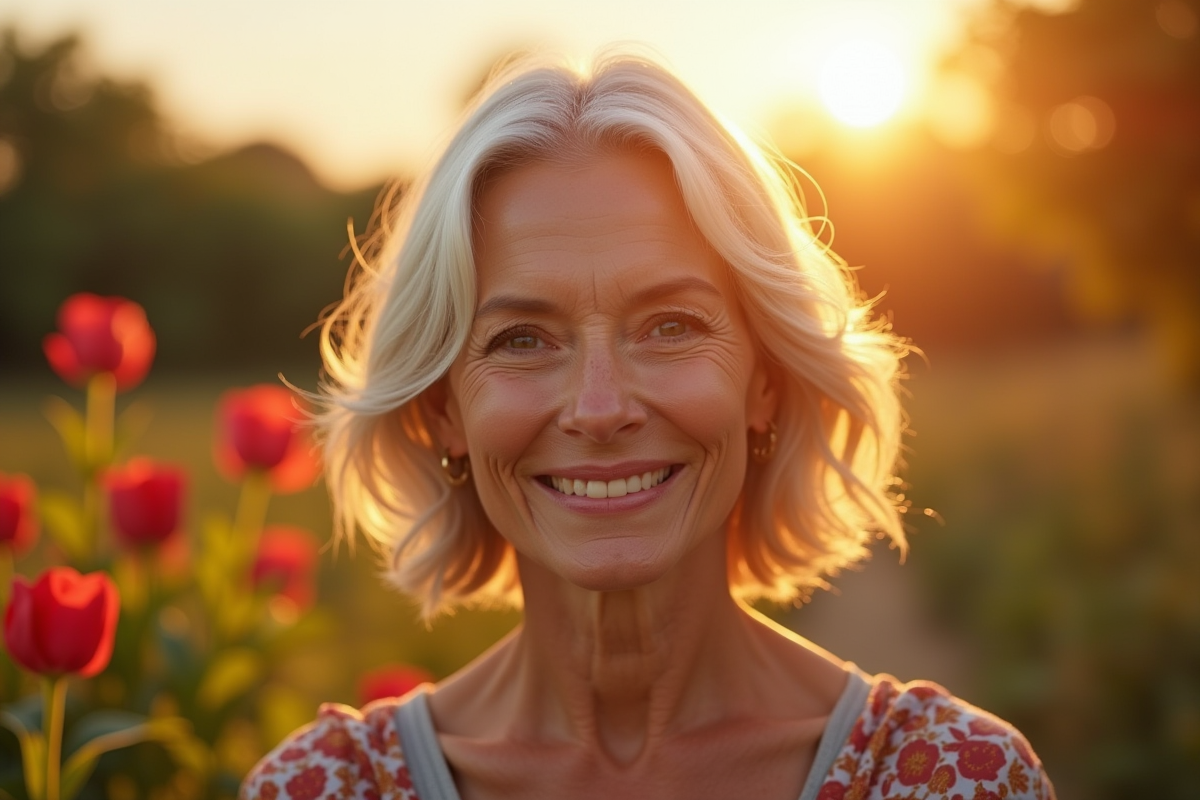 Femme senior confiante avec coupe stylée dans un jardin ensoleille