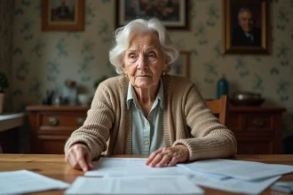 Femme senior préoccupée examinant des papiers à la maison