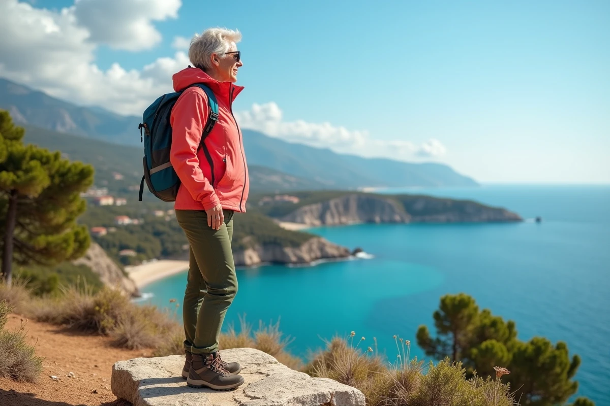 Femme senior célibataire en randonnée contemplant une baie méditerranéenne depuis un belvédère rocheux en bord de mer