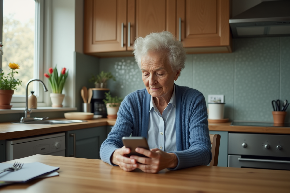 Femme senior examinant son téléphone dans la cuisine