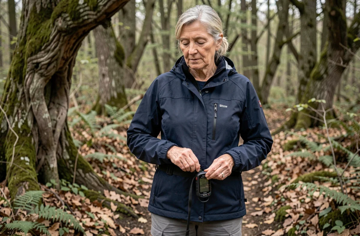 Femme senior active accrochant un traceur GPS étanche à sa ceinture lors d'une randonnée en forêt