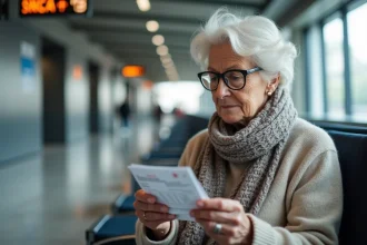 Femme senior examinant son billet de train SNCF