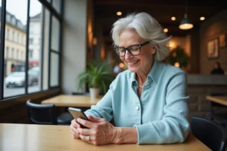 Femme souriante avec smartphone dans un café strasbourgeois