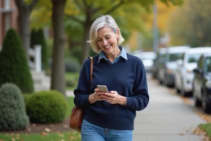 Femme souriante utilisant son smartphone dans une rue résidentielle
