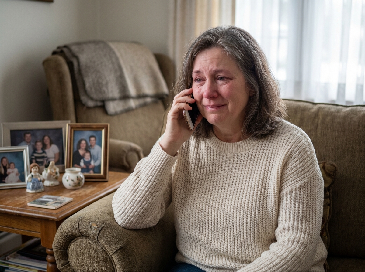 Femme d'âge moyen parlant au téléphone dans un salon chaleureux
