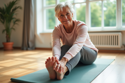 Femme senior en tenue pastel faisant du yoga en intérieur