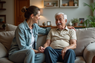 Femme aidant son père âgé dans un salon chaleureux
