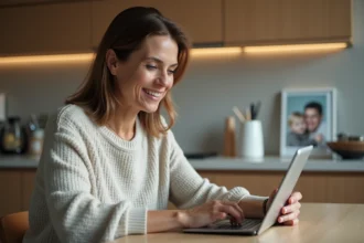 Femme d'âge moyen utilisant une tablette dans la cuisine