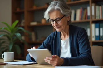 Femme adulte téléchargeant l'application Mon Proxima sur une tablette pour gérer une tutelle