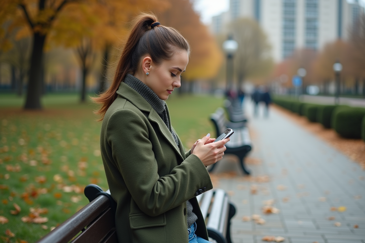 Jeune femme en manteau vert utilisant un téléphone dans un parc