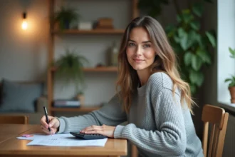Femme concentrée travaillant à la maison avec papiers et calculatrice