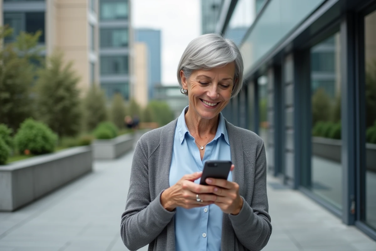 Femme d age vérifiant ses missions freelance en extérieur